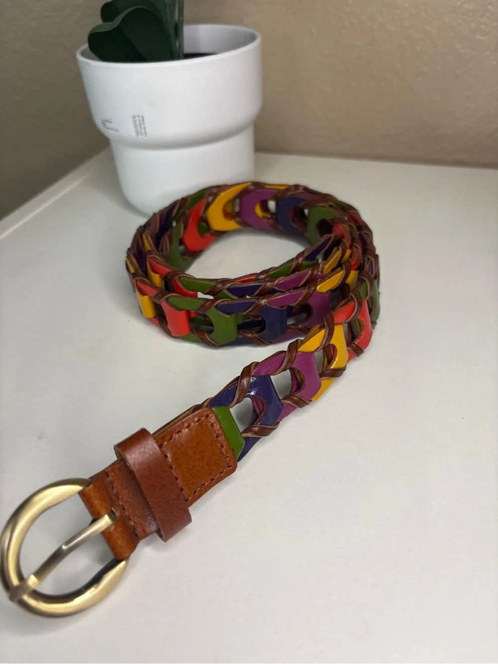 Multicolor Braided Leather Women's Belt with Gold-Tone Buckle
